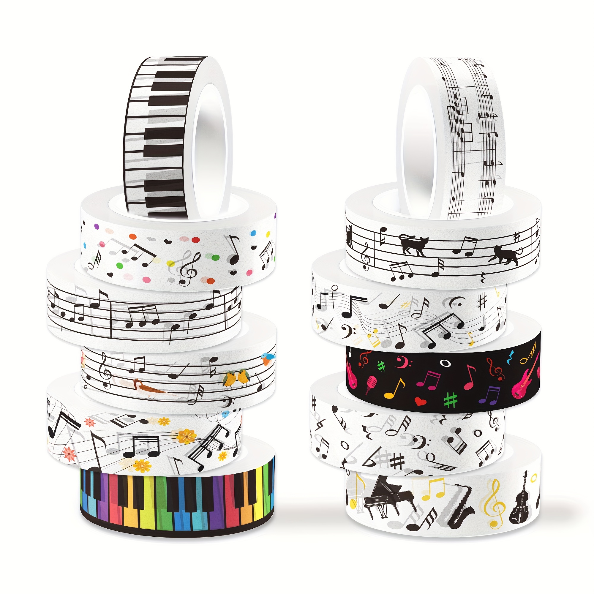 

12 Rolls Music Themed Washi Tape Set - Decorative Paper Sticky Tapes For Scrapbooking, Diy Crafts, Gift Wrapping, Mixed Designs With Musical Notes & Instruments