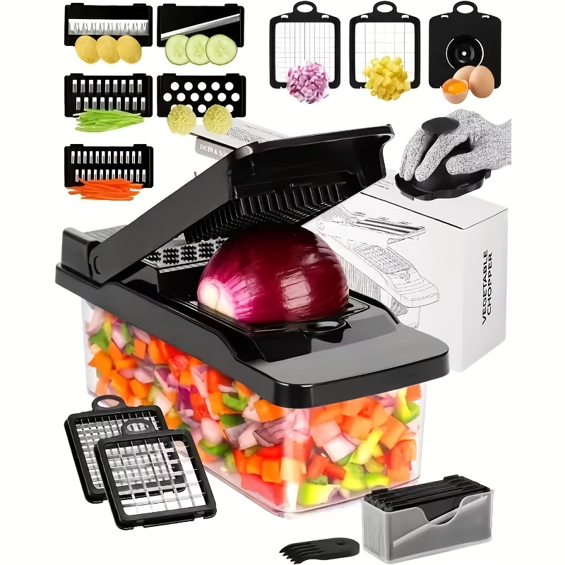 TEMU 1pc Manual Slicer With 7 Stainless Steel Blade Heads Egg Separator For Fruit Vegetables Carrot Potato Onion