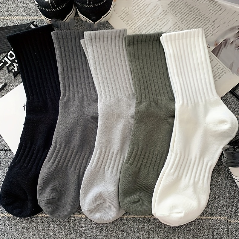 TEMU 5pcs Men's Cotton Blend Crew Socks - Breathable, Comfortable & Versatile For Sports And Casual Wear