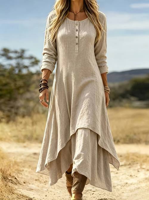 item picture womens elegant solid color maxi dress with double layer asymmetrical hem half open front round neck long sleeve dress vintage suitable for banquets weddings fall winter formal events machine washable outerwear