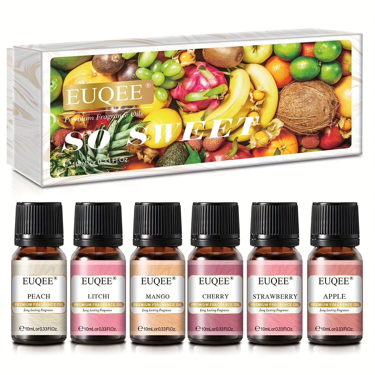 

Euqee 6pcs Essential Oil Set, 10ml - Premium Scented Oils For Candle Making & Home Decor - Strawberry, Cherry, , Apple, Mango, Peach