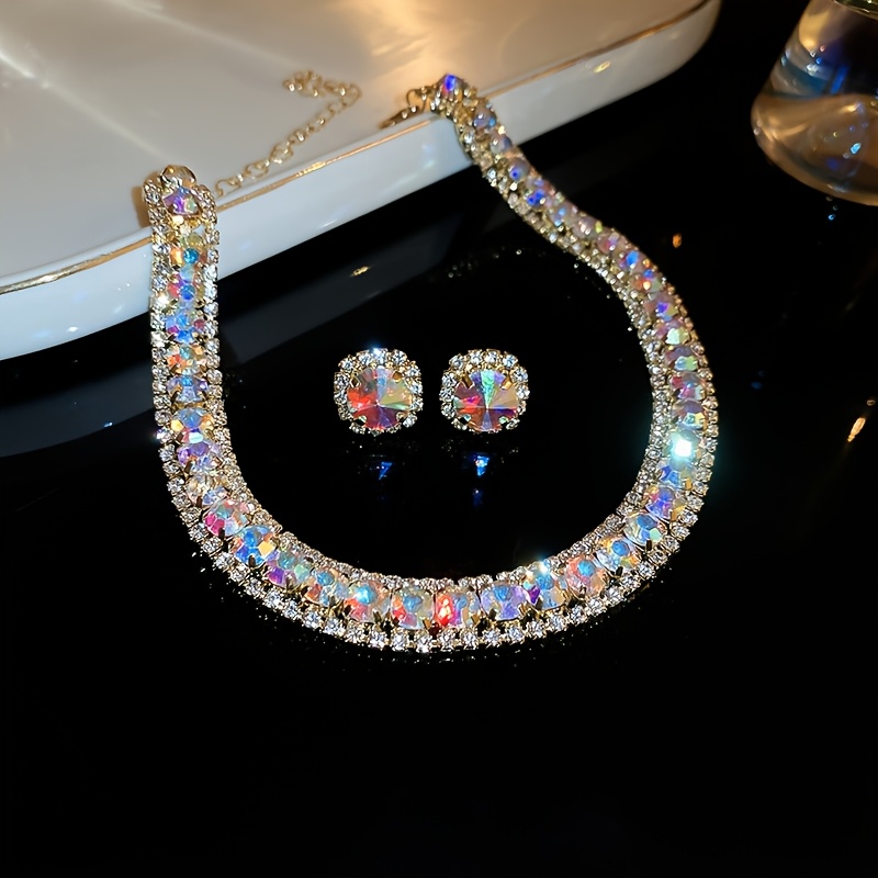 TEMU Ab Choker Necklace & Stud Earrings Suitable For Wedding, Party, Everyday Jewelry - December Birthstone Gift, K Plated Bridal Accessories, Luxury