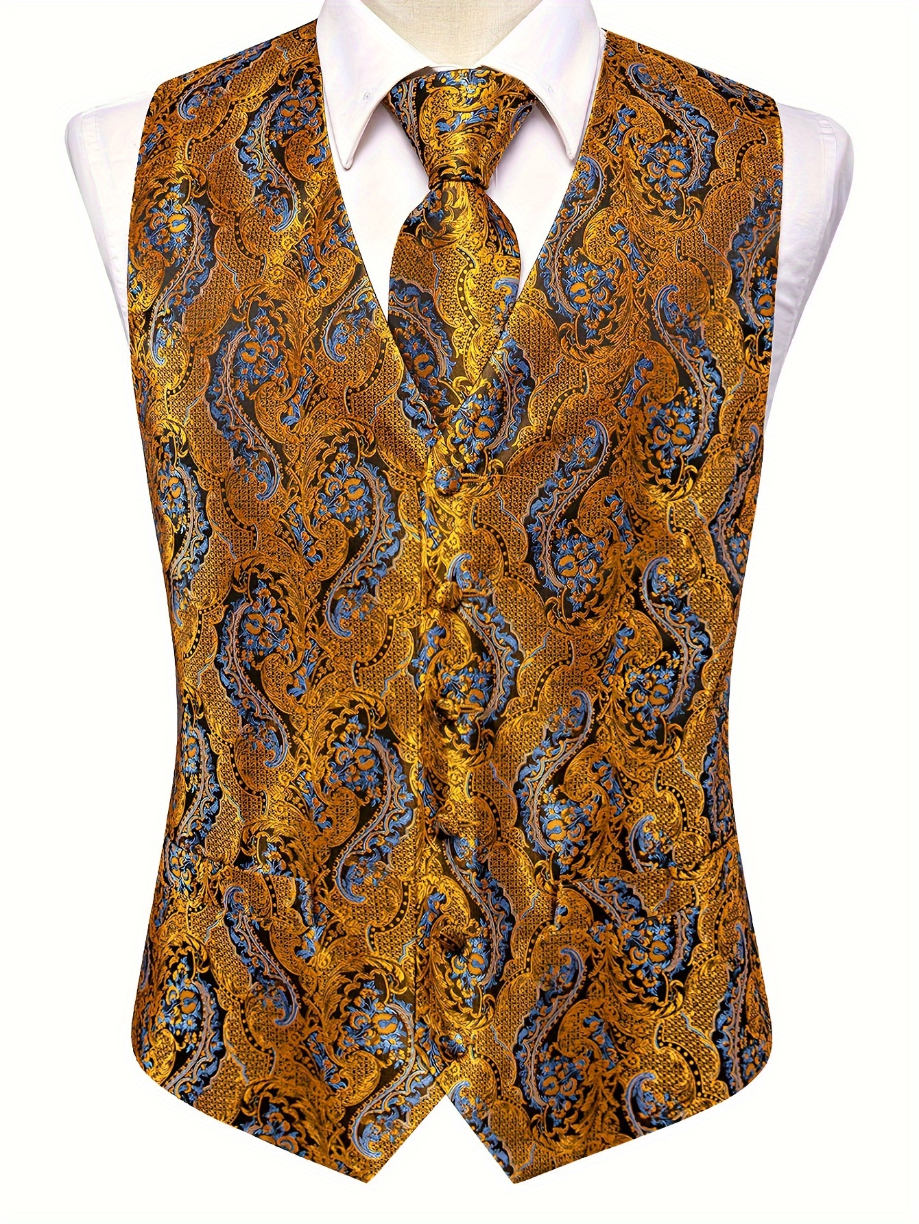 Men's Paisley Graphic Print V Neck Waistcoat & Necktie & Handkerchief & Cufflinks 4-piece Set For Party/wedding/formal Prom
