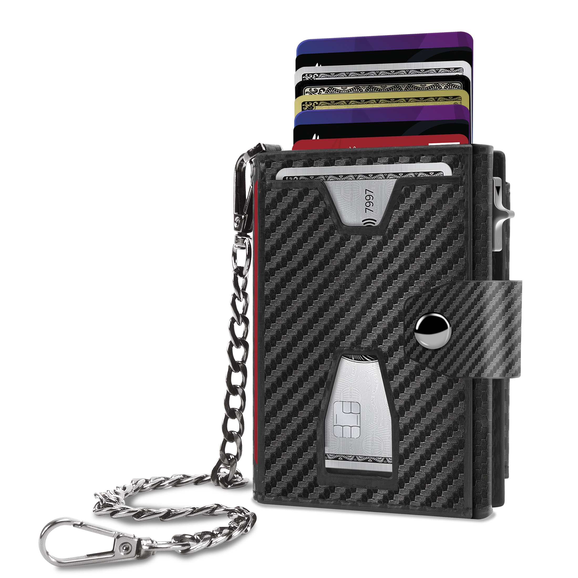 Image of Wallet For Men With 14 Cards Euro Cash With Leather Anti-theft Chain Rfid Blocking Coin Purse Automatic Pop-up Metal Credit Card Holder Minimalist Wallet