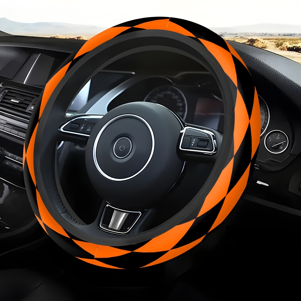 TEMU 1pc Orange Black Checkered Printed Steering Wheel Cover, , And Aesthetic, Suitable For Most Cars, Suvs, Trucks. Anti-slip Wear-resistant