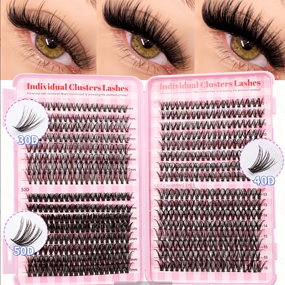 640pcs High-capacity False Eyelash Book Set 8-16mm 30d 40d 50d Soft Mink-like Eyelash Extension Single Cluster False Eyelash Clusters Makeup Tool D- Fluffy Black Natural Look
