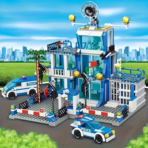 item picture blue police building cityscape with two patrol cars and accessories with police and accessories birthday gift halloween gift desktop decoration christmas thanksgiving game set