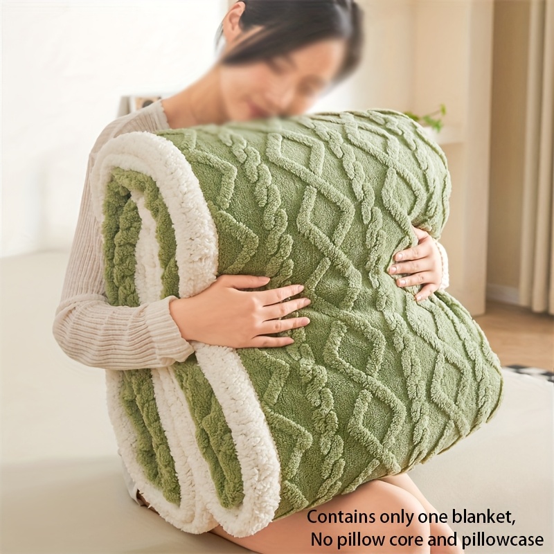 

1pc Plush Fleece Blanket - Soft, Cozy Double-layer Throw With White Fur Trim, Diamond Pattern For Bedroom, Living Room, Or Office Use