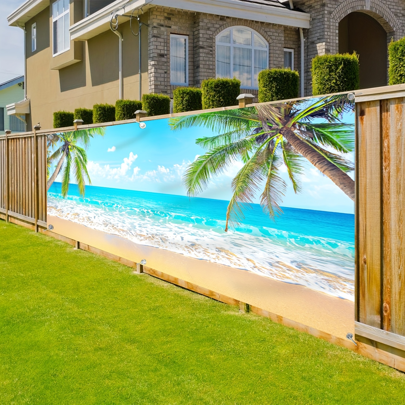 TEMU 1pc Large Size The Beach Scenery Of , , Beach, Coconut Trees, And Gentle Waves Garage Door Banner- No Power Needed, Outdoor Parties And Festive