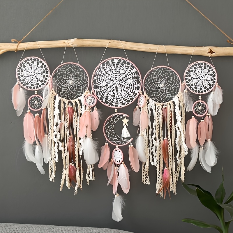 Image of 5pcs Bohemian Dreamcatcher Wall Hanging Pendants With Feathers & Boho Iron Dream Catchers For Bedside, Wedding, Living Room Decor - Boho-chic Room, Christmas/valentine's Day Gifts (5pcs)