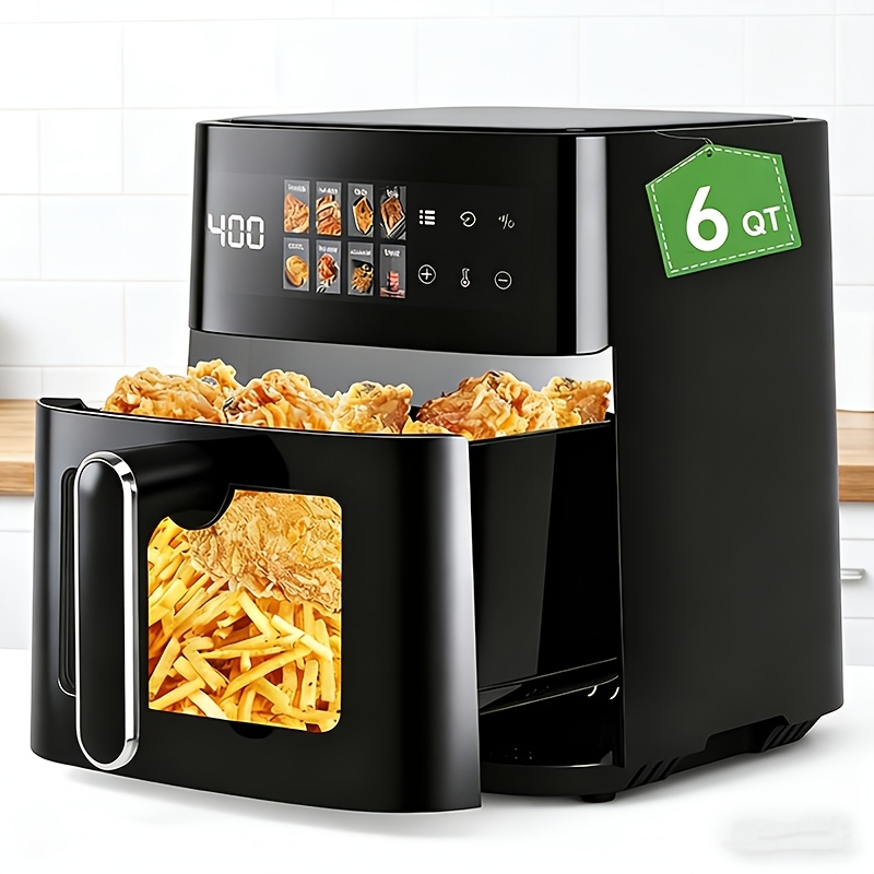 6 quart air fryer 8 in 1 electric hot air oven with led touchscreen non stick fry basket and 1350 watt power this large capacity air fryer features 360 hot air circulation a clear touchscreen and integrated heat insulated handles black