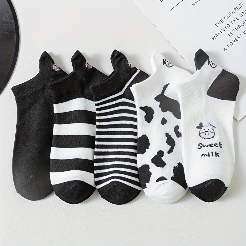 E-shop 5 Paar Pack Damen Frühling Sommer Dünne Cartoon Kuh Gestreifte Knöchelsocken Trendiger Vielseitiger Preppy Style Kurze Tube Socken