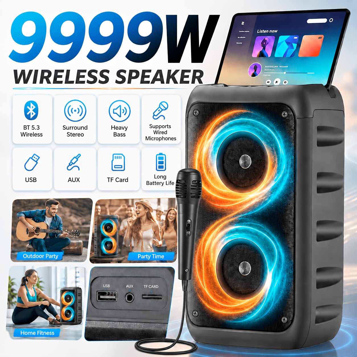 Image of 9999w Portable Wireless Bluetooth Speaker, Retro Style Subwoofer With Microphone, Usb-c & Tf Card , Fm & Tws Stereo, For Phones Tablets, Great For Rv, Camping & Parties