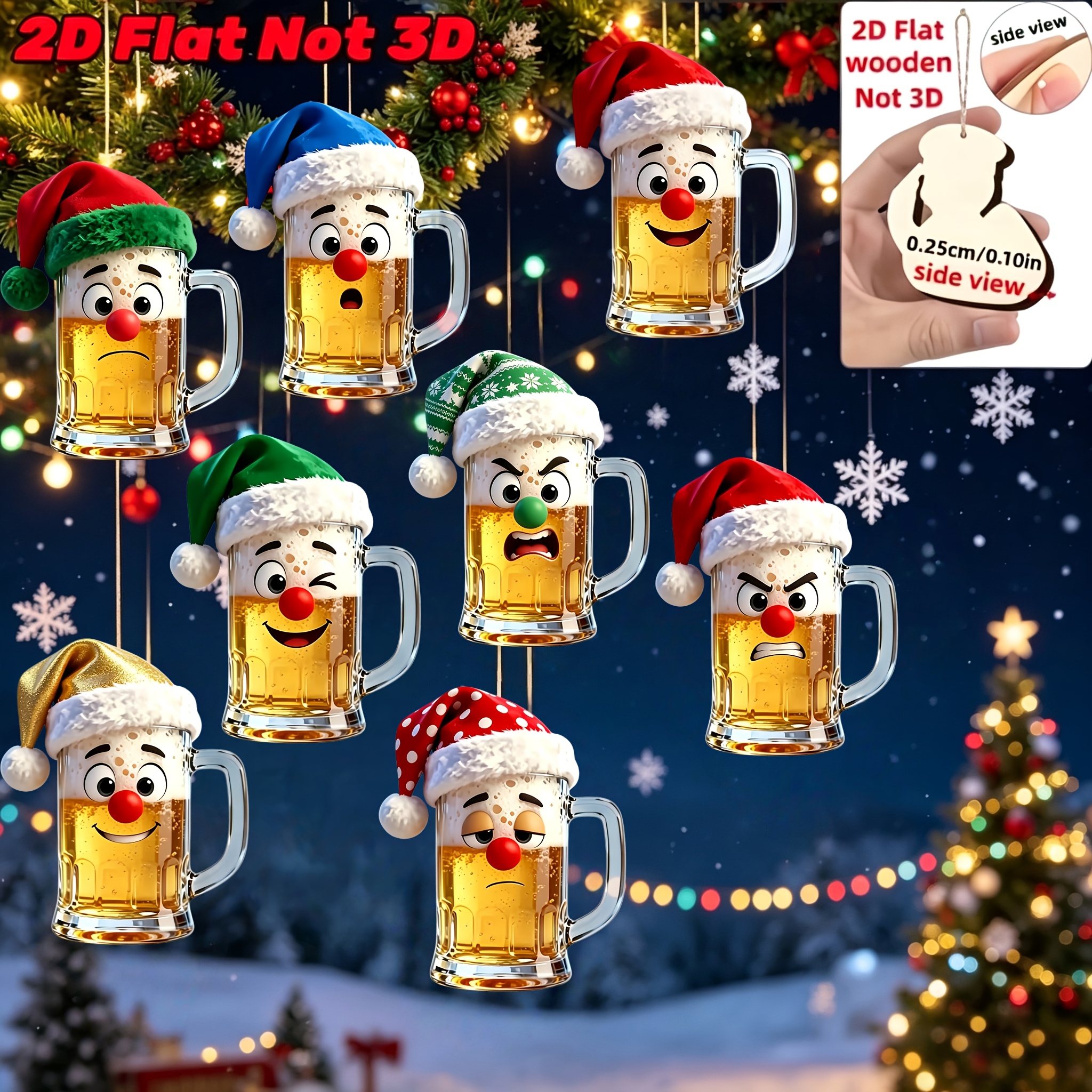 TEMU 2d Flat, 8pcs Christmas Cartoon Beer Cup Wooden Ornament Set, Cartoon Beer Cups With Different And Christmas Decorations, Christmas Tree