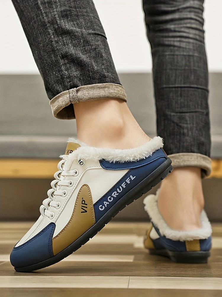 A pair of shoes with elastic band and velvet cover, warm and comfortable lining, suitable for outdoor street walking in winter, outdoor walking, indoor leisure and home use, Indoor Slippers, Round Toe Shoes, Slipon Design, Cozy Footwear, PVC Sole