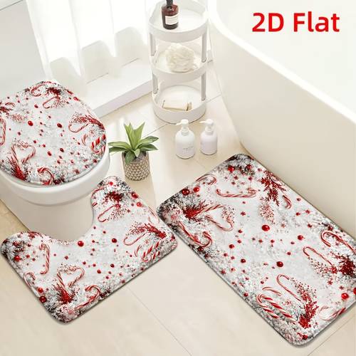 set 3 piese covorașe de baie 2d plate, festive, cu model floral de batoane de sătung și , antiderapante, decor confortabil de sărbători pentru intrarea în baie și living, esențiale pentru casă