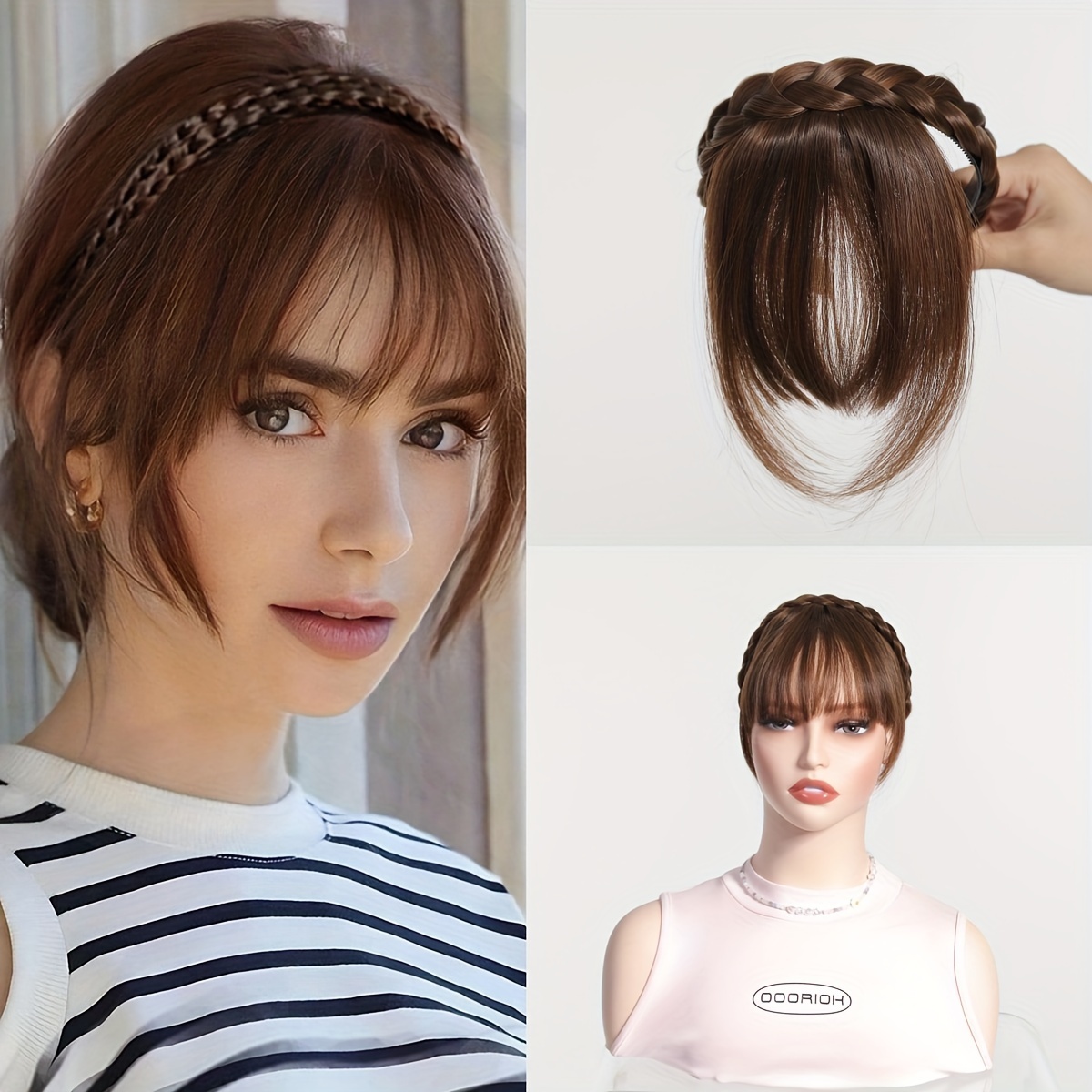 elegant synthetic hair braided headband with bangs straight hair extension for women adjustable hair accessory for styling and   styling tools   design details 1