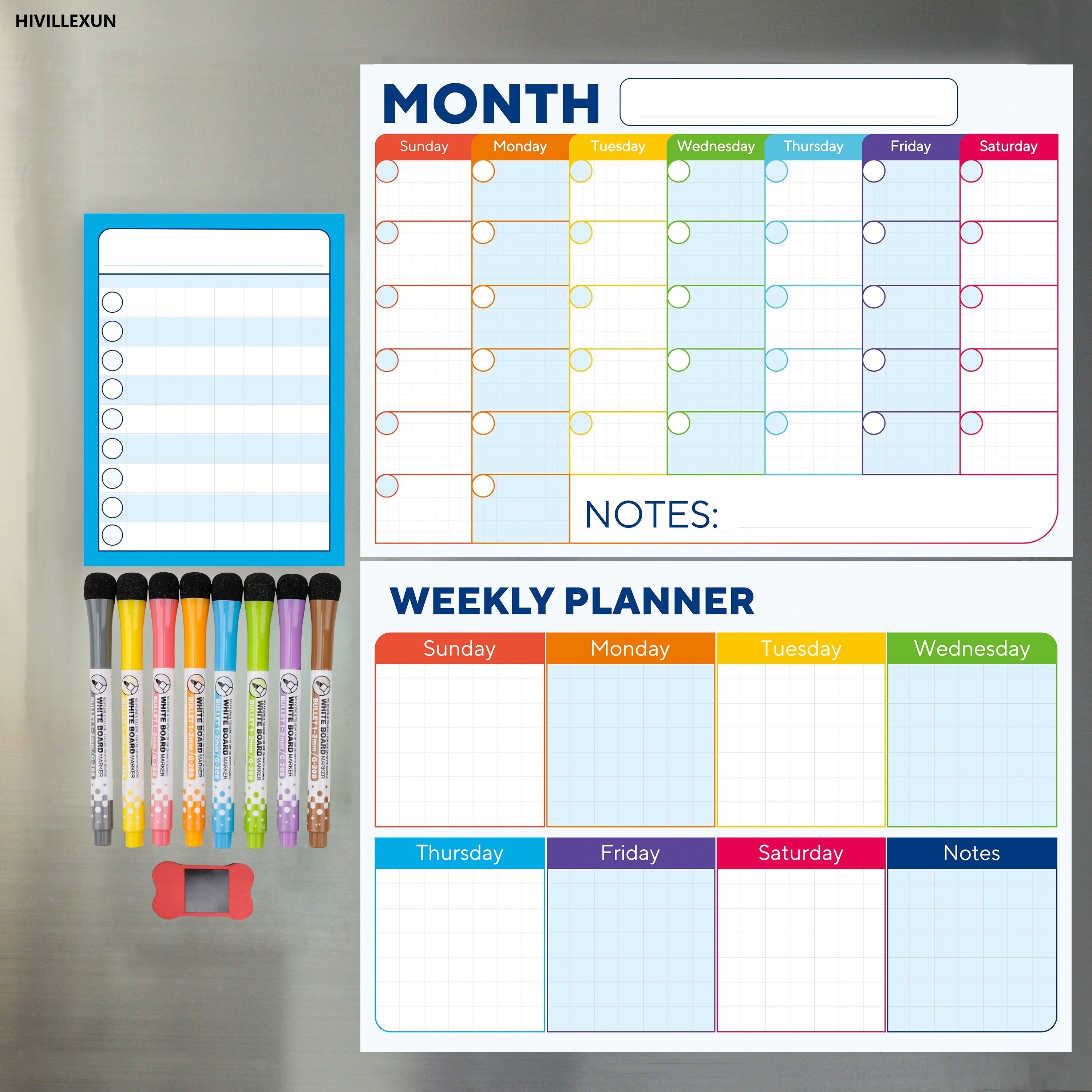 

3pcs Pack Magnetic Dry Erase Calendar Whiteboard Set For Refrigerator, Wall, And Fridge Organization With Monthly, Weekly, And Daily Notepads, Comes With 8 Markers And 1 Eraser