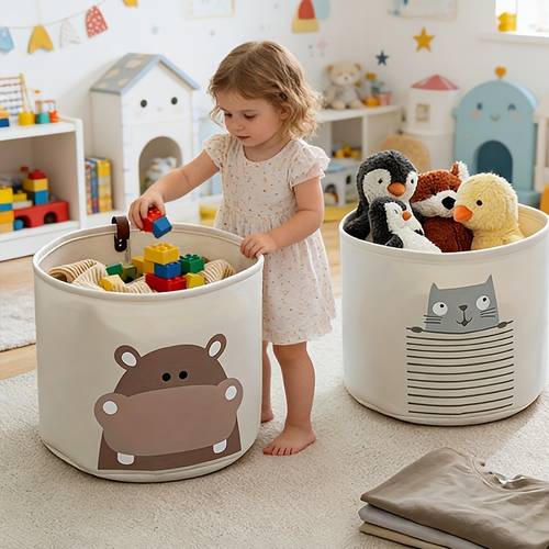 een set van twee speelgoedopbergmanden met een capaciteit voor thuisgebruik, met cartoonontwerpen voor het organiseren van kinderkamers. deze opbergbakken kunnen kleding bevatten en zijn opvouwbaar.