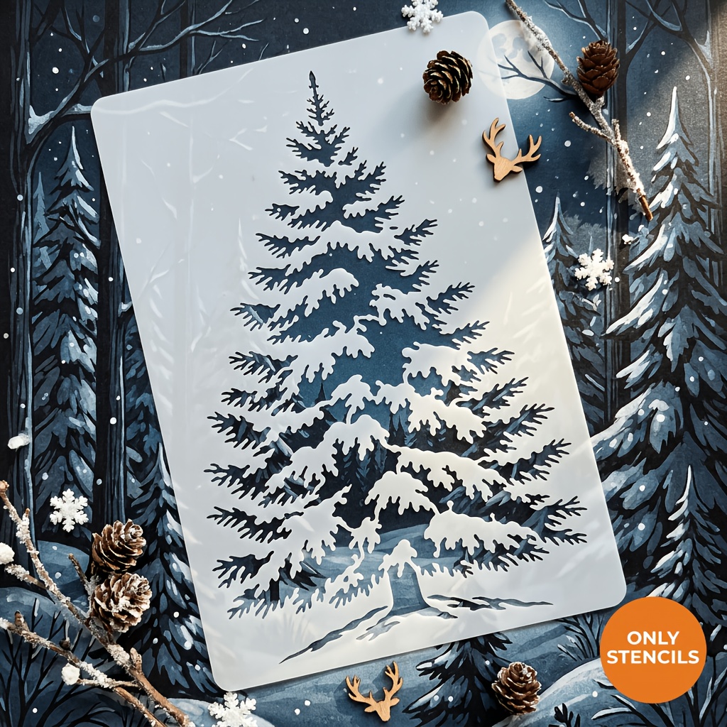 TEMU 1 Pochoir à réutilisable en PET, Silhouette de pin enneigé d'hiver, Paysage enneigé, Forêt, Motif de sapin, Panneau d', Pochoir de décoration