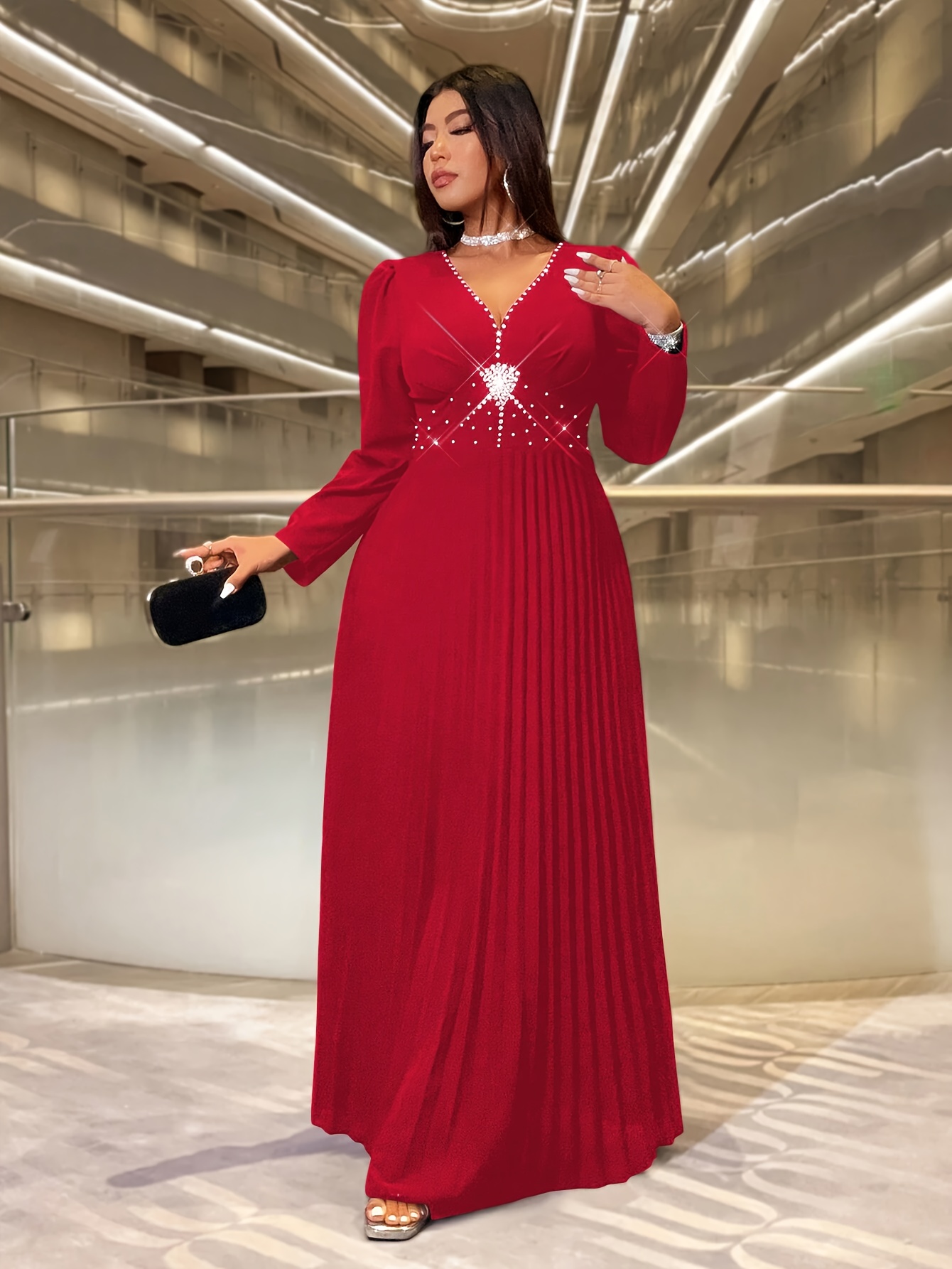 plus size elegante plus size rode maxi jurk met v hals en Temu