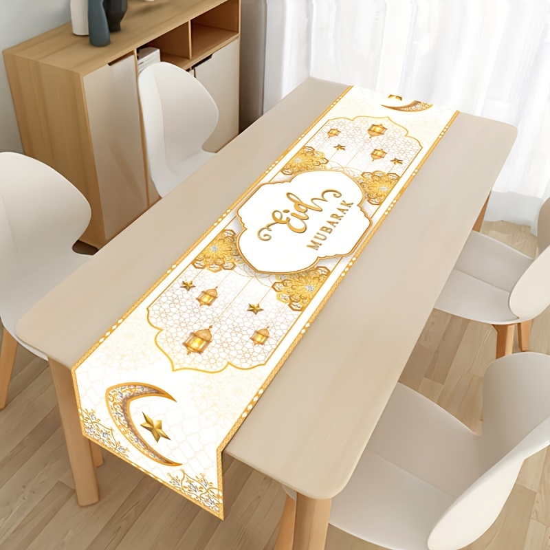 

1pc Chemin de Table en Polyester - Design Dorée & Lanterne Étoile, Parfait pour les Célébrations de Ramadan Kareem, Décor de Fête Islamique, et Cadeaux d'Eid Al-Fitr, Décor de Table