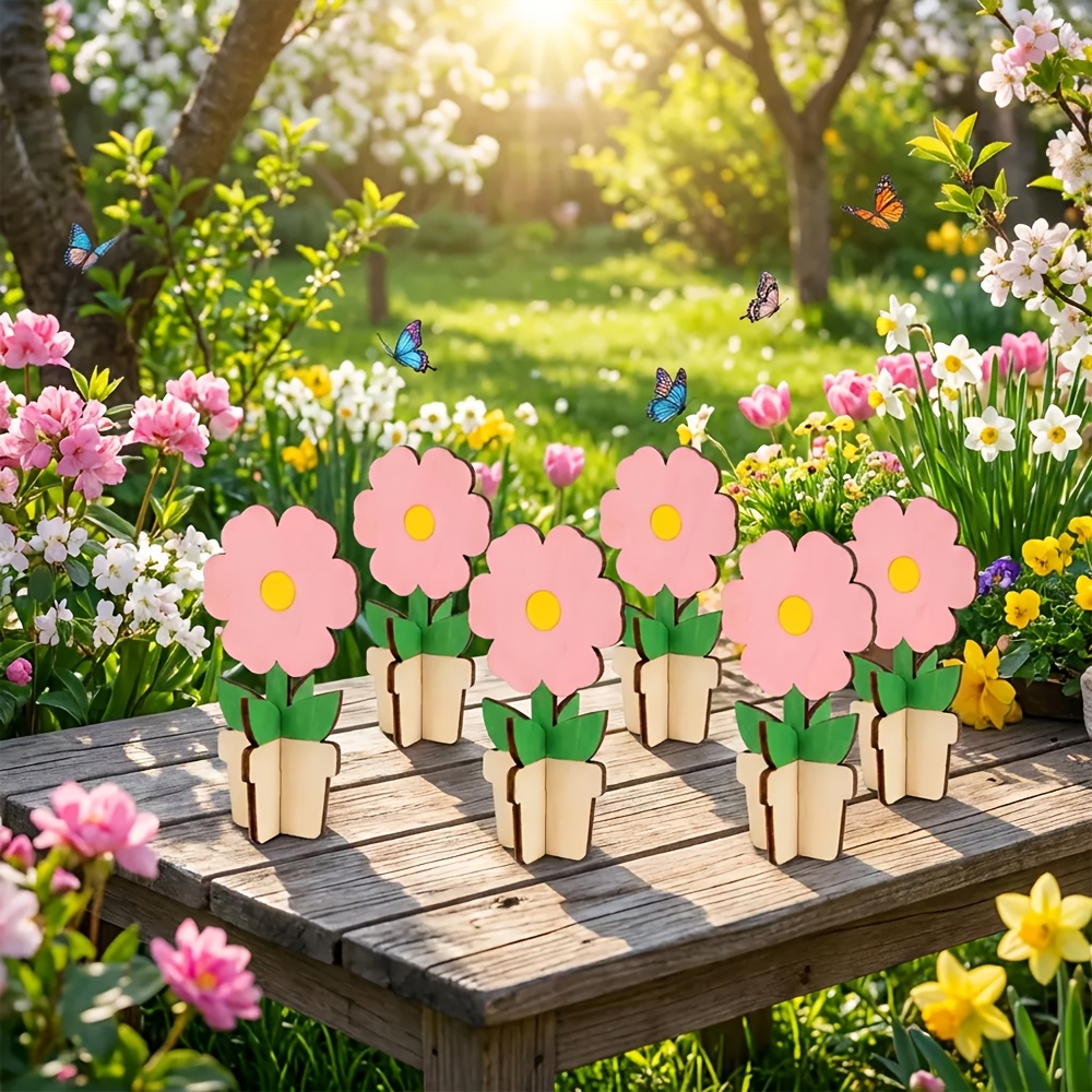 TEMU 12pcs Of Small Pink Wooden Flowers With Flowerpot-shaped Ornaments, Suitable For Diy Crafts. Floral Decorations 3d Colored. Decor, , Creative