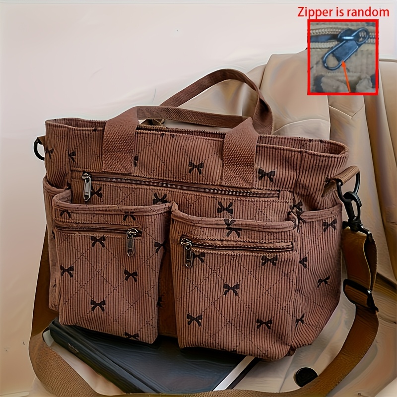 TEMU Bow Print Women's Shoulder Bag, Corduroy Material Tote Bag, Large Capacity, Removable Shoulder Strap, Pattern Texture, Black Bow Embellishment,