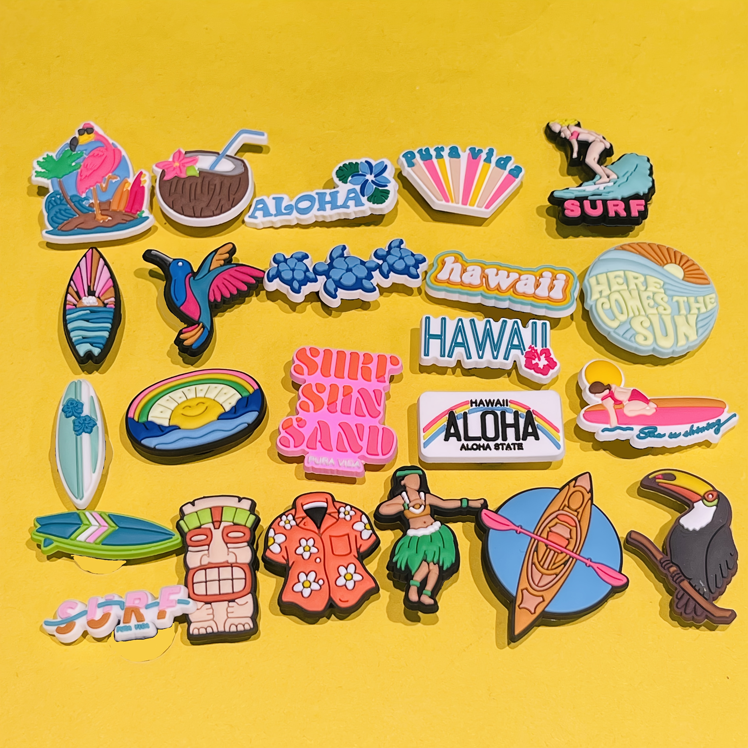 

23pcs Hawaiian Themed Pvc Shoe Charms Set - Surf, Sun, Sand, , Flame-bird, , Turtle, Hula, Boat Designs For Sandals And Slippers - Party Gift Accessories