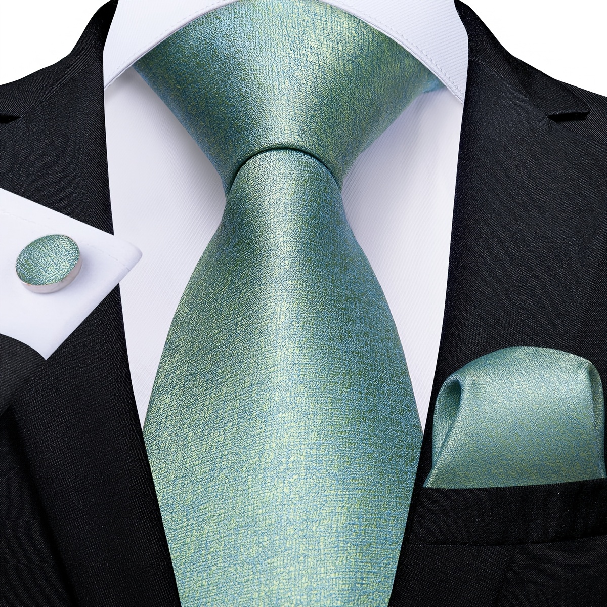 Fresh Sage Green Solid Men's 3pcs Tie Set, Featuring Pocket Square & Cufflinks, Refreshing Option For Easter, Outdoor Weddings & Casual Gatherings