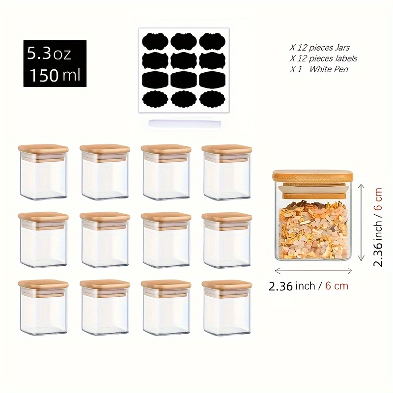 a set of 12 glass spice jars with bamboo sealing lids and labels square containers for seasoning storage complete spices glass seasoning jars with lids lead   tools kitchen accessories details 1