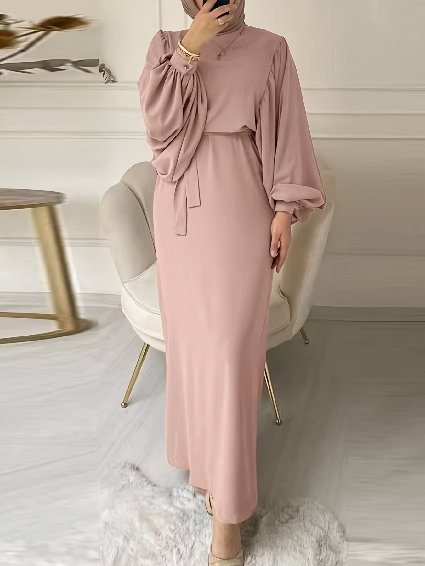 Casual Arabic Dress Female Womens Solid Color Abaya Dress Belt