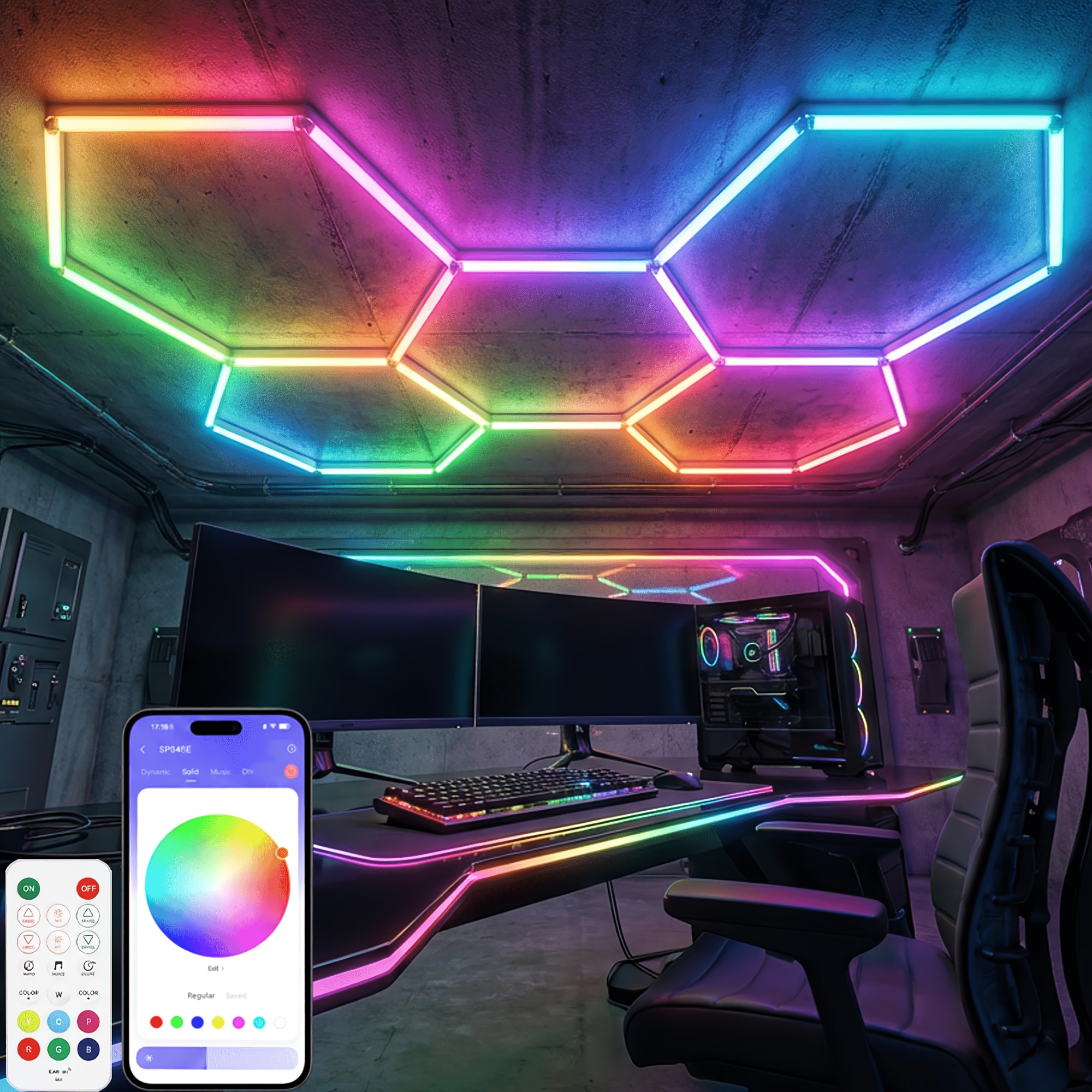 TEMU Rgb Hexagon Led Wall Lights, Music Sync Color Changing Lamp, Control, Dimmable Modular Lights For Gaming Room, Bar & Party