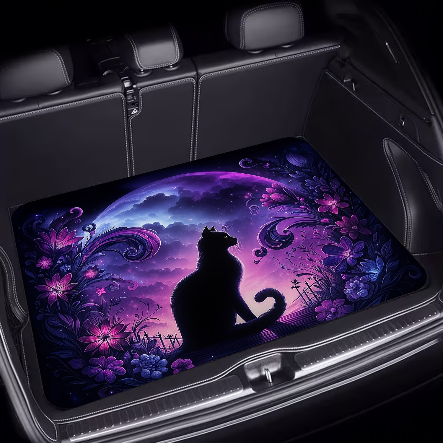TEMU 1pc, Cat And Flower Polyester Fiber Car Trunk Mat, Purple Print Pattern, Essential For Travel, Universal For Various Car Models, Interior