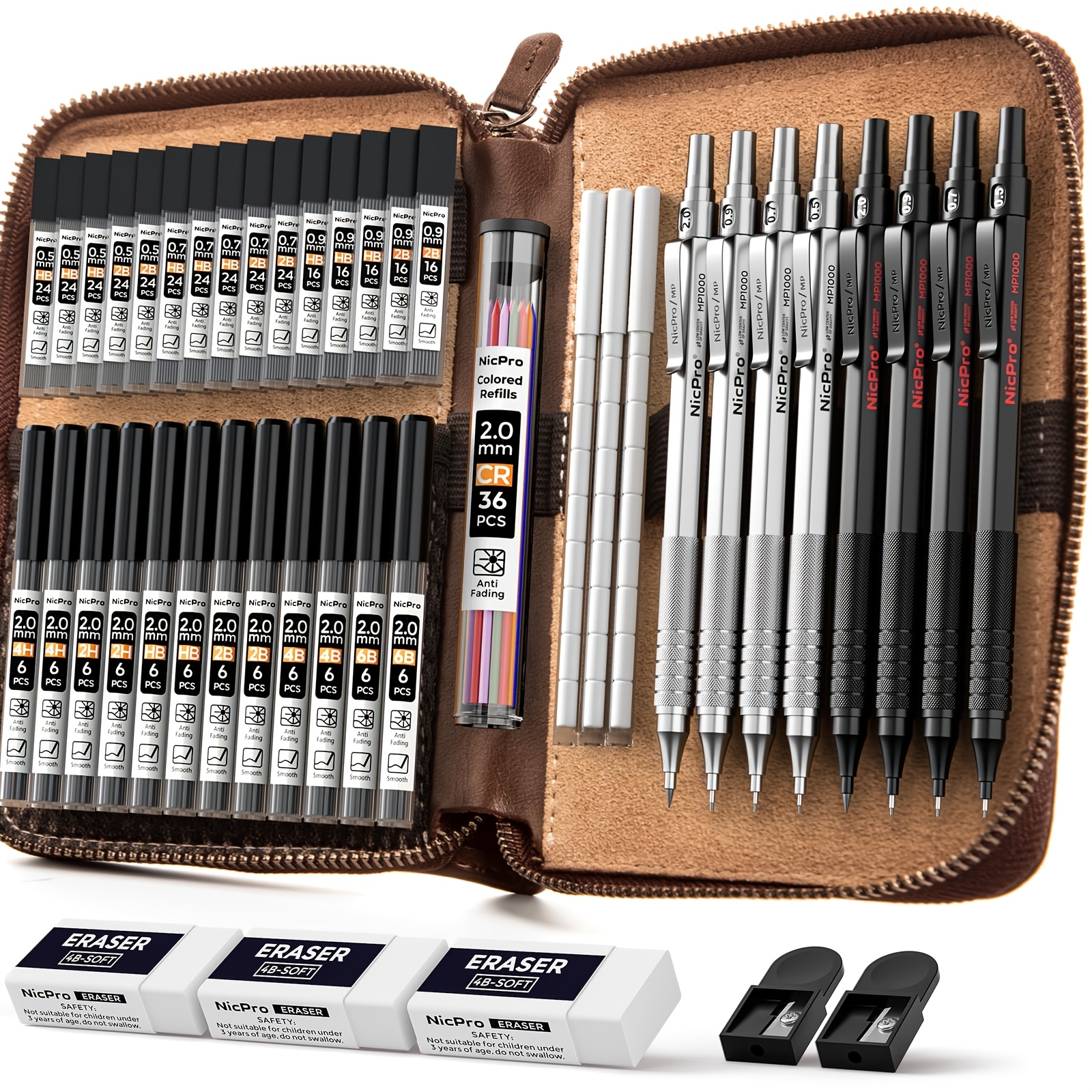 Image of Black & Silvery Metal Mechanical Pencil Set In Case, Art Drafting Pencil 0.5, 0.7, 0.9mm, 2mm Lead Holders For Sketching Drawing With 27 Tube (6b 4b 2b Hb 2h 4h Colors)lead Refill