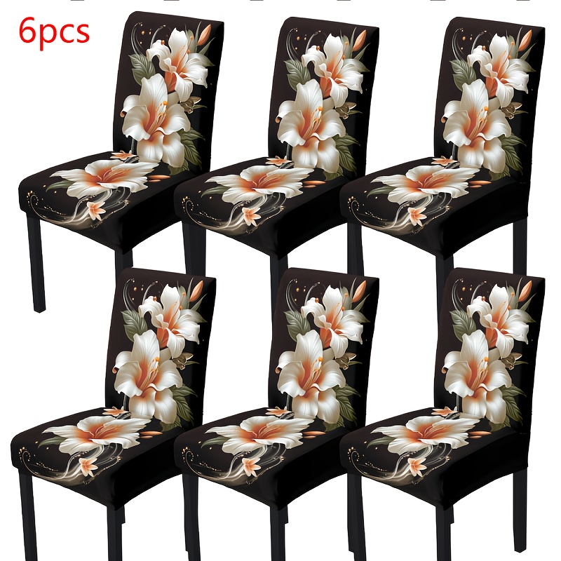 TEMU Set Of 4/6pcs Of Black Background Flower Printed Elastic Removable And Washable Chair Covers, Suitable For Restaurants, Hotels, Ceremonies, And