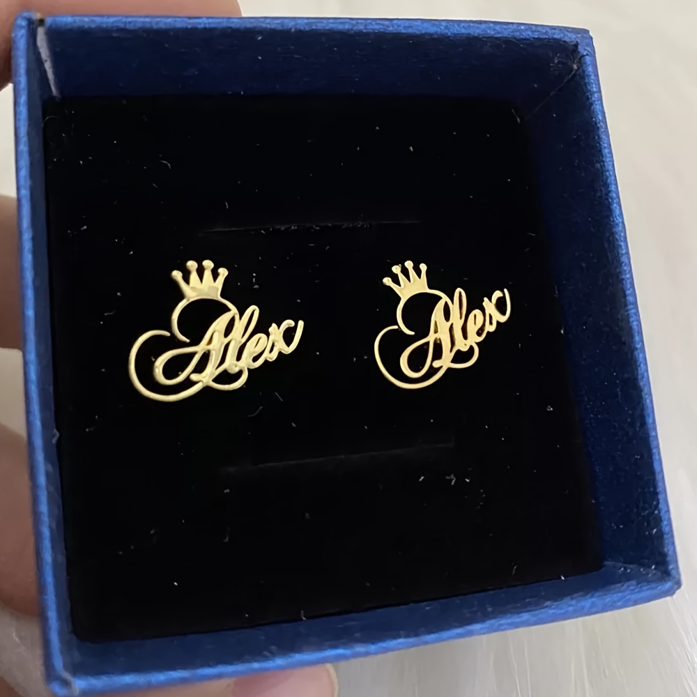 TEMU Personalized Princess Crown Name Stud Earrings - Elegant Stainless Steel, Custom Engraved For Women, Perfect Gift