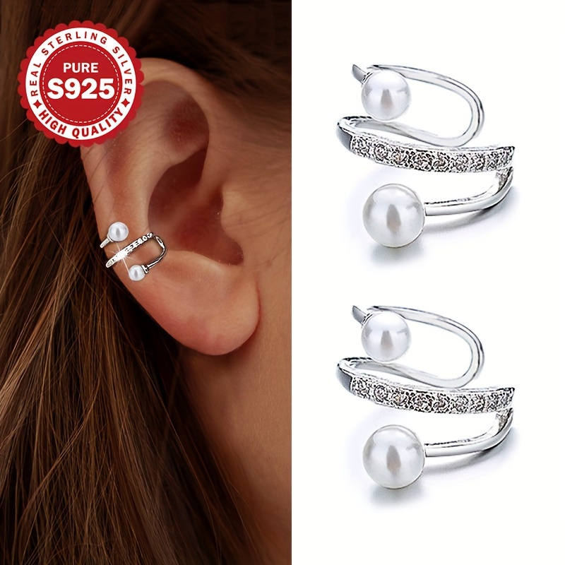 

925 Sterling Silver Ear Cuffs With Faux Pearl & Cubic Zirconia, Non-pierced Clip-on, Elegant Versatile Style Daily Wear, Hypoallergenic Earrings