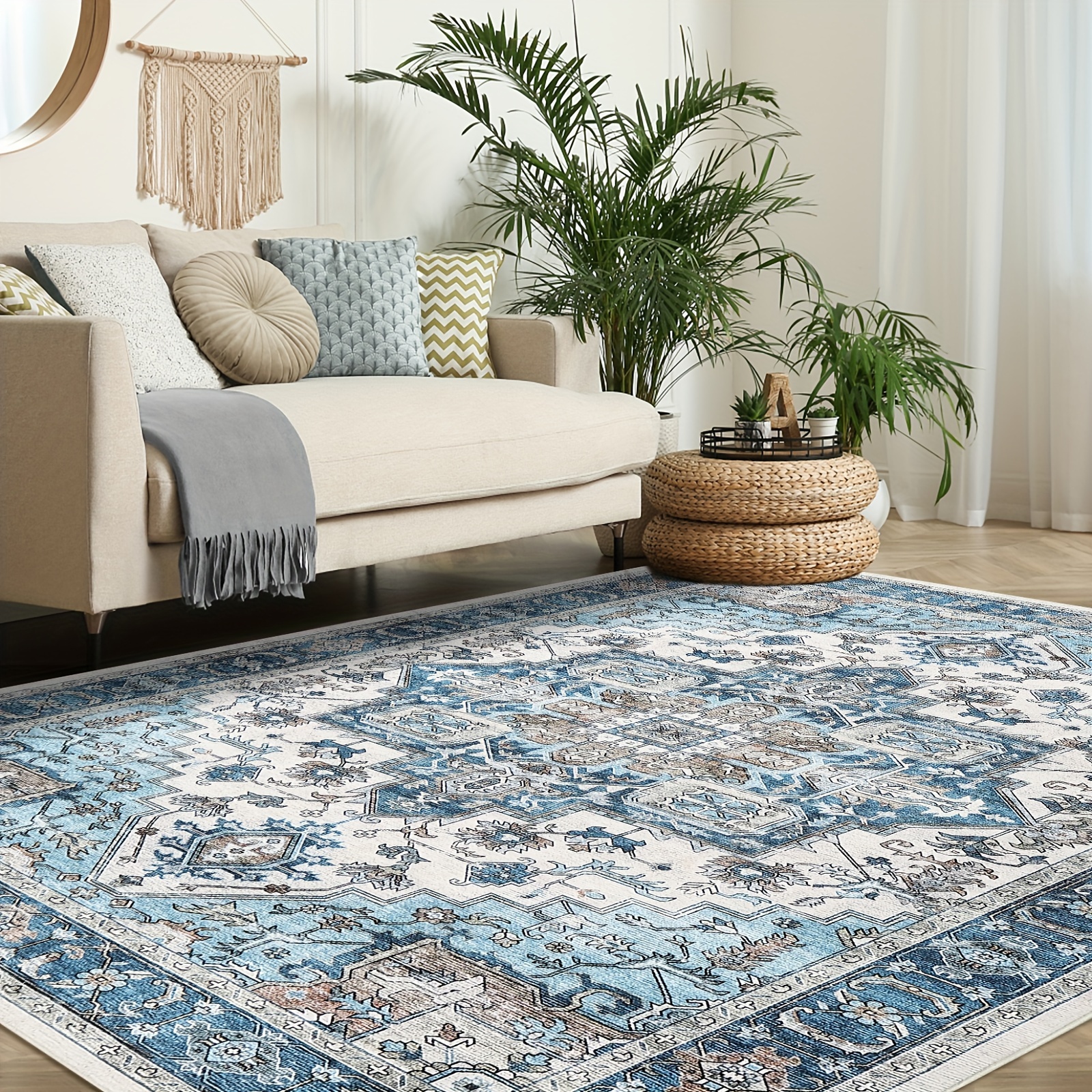 

Washable Ultra-thin Area Rugs - Large Rugs For Living Room Stain Resistant Carpet Vintage Rugs For Bedroom With Non Slip Backing Home Decor Floor Decoration Mat, Blue