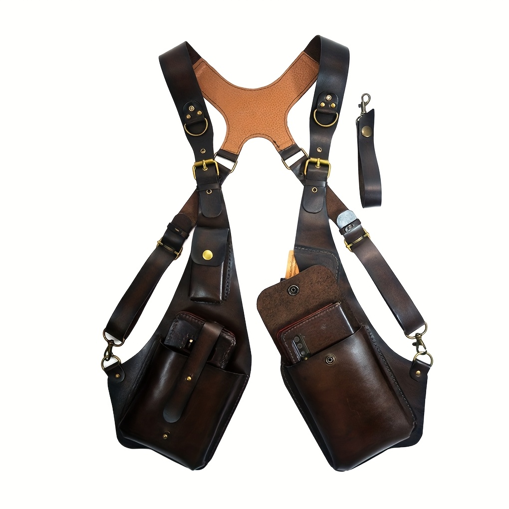 Image of 1pc Vintage Faux Leather Strap Underarm Shoulder Bag, Men Women Outdoor Party Bag Cell Phone Bag For Outdoor Adjustable Wallet For Men, Dark Brown, Black