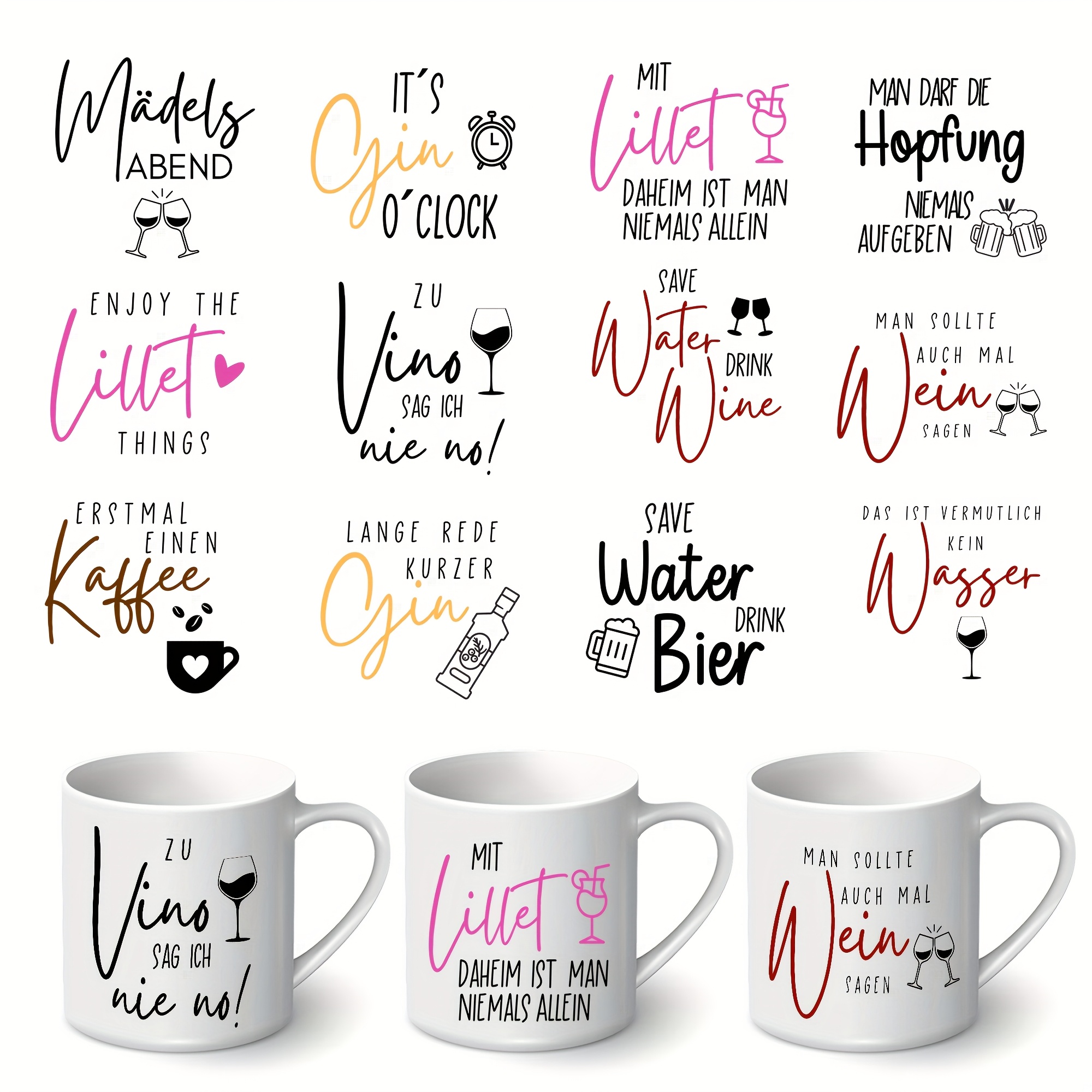 Set Of 12 Uv Dtf Cup Wraps Featuring German Drink Quotes - Plastic Rub-on Transfers With Coffee-themed German Sayings And Designs For 16oz Glass Cups