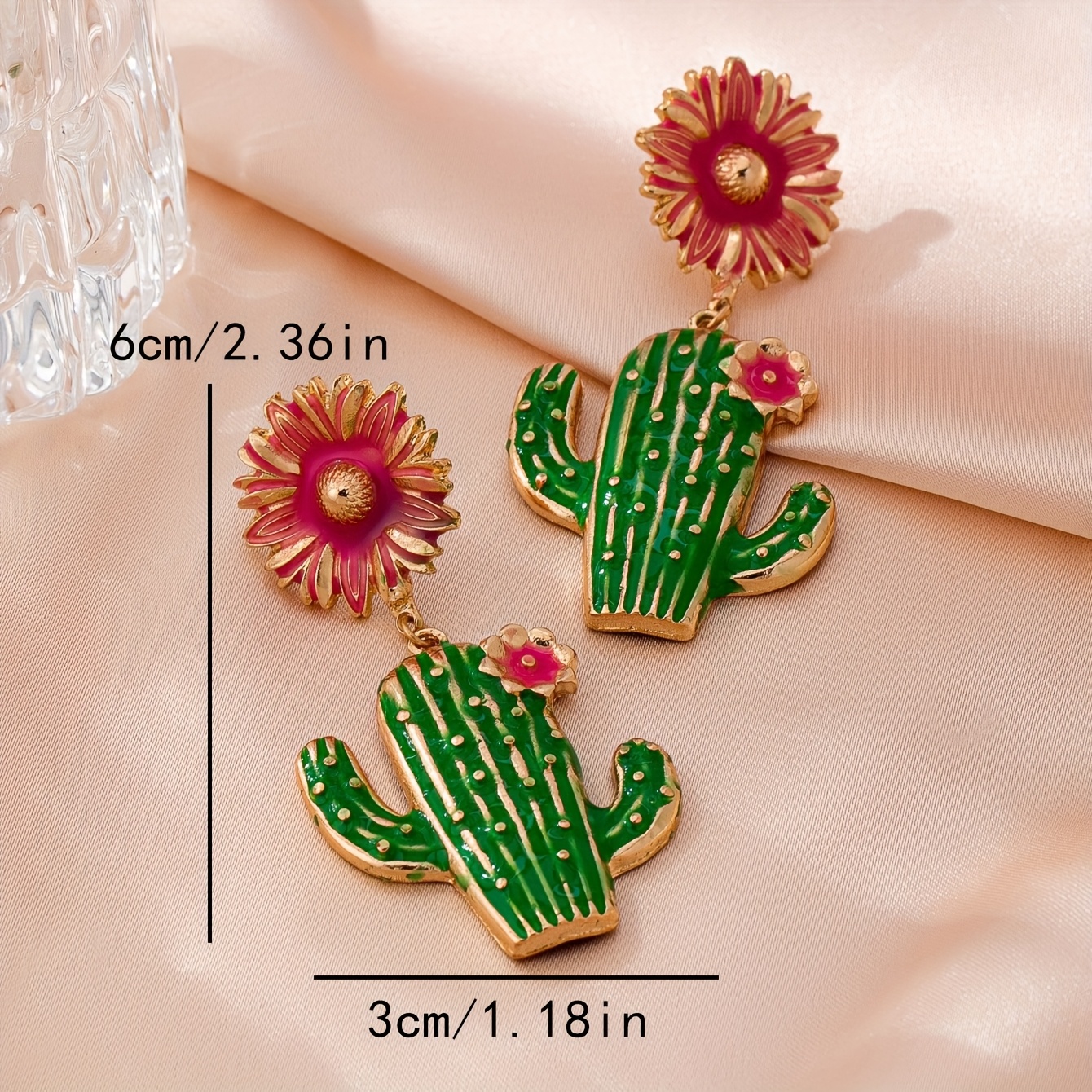Un Par de Aretes Únicos, Atrevidos y Vibrantes de Flor de Cactus con Diseño Divertido de Esmalte Colorido, Estilo Vacacional que Llama la Atención