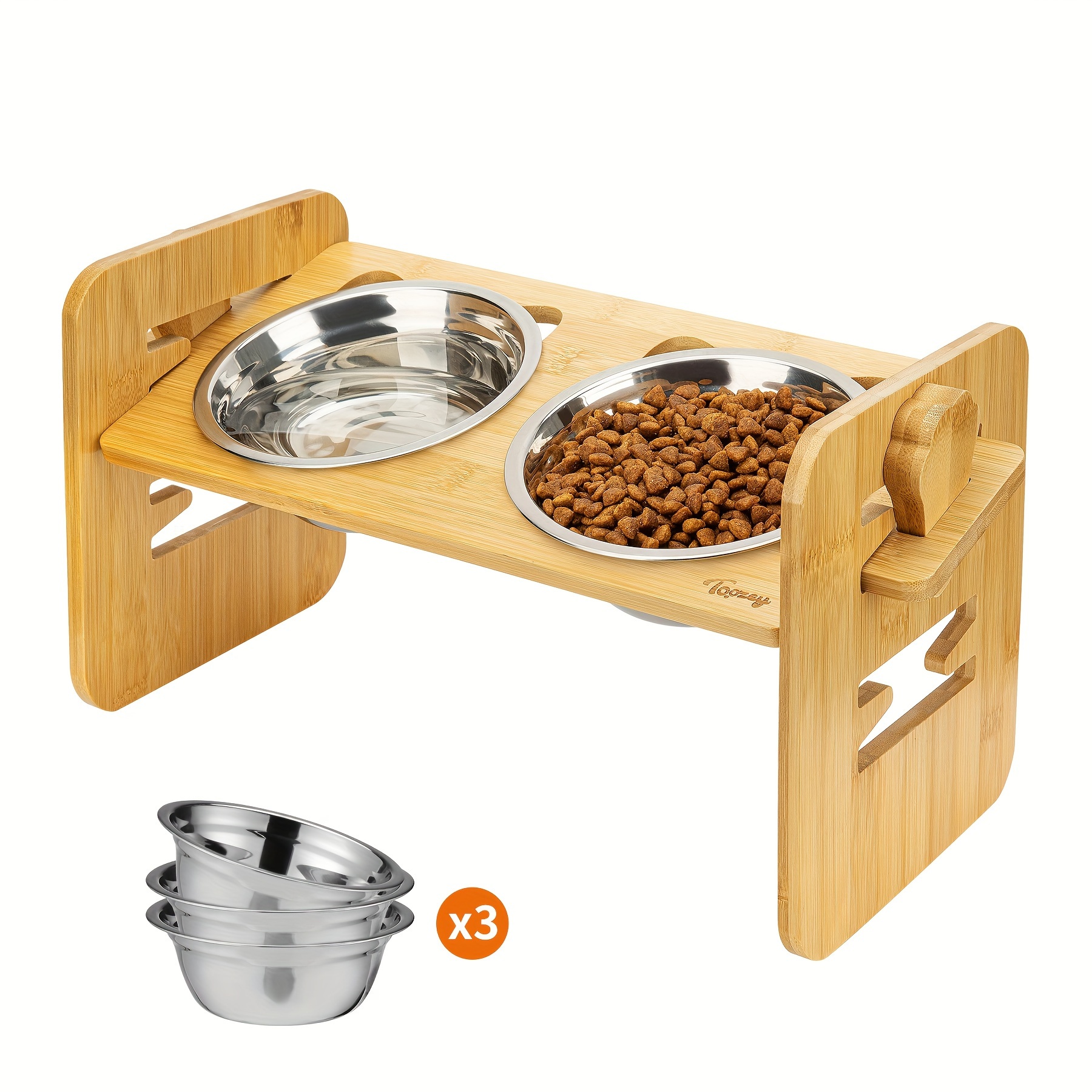 

Toozey Elevated Dog Bowls, 6 Adjustable Heights And 15° Tilted Angle, Raised Dog Bowl Bamboo Stand With 3 Stainless Steel Bowls And Non-slip Feet