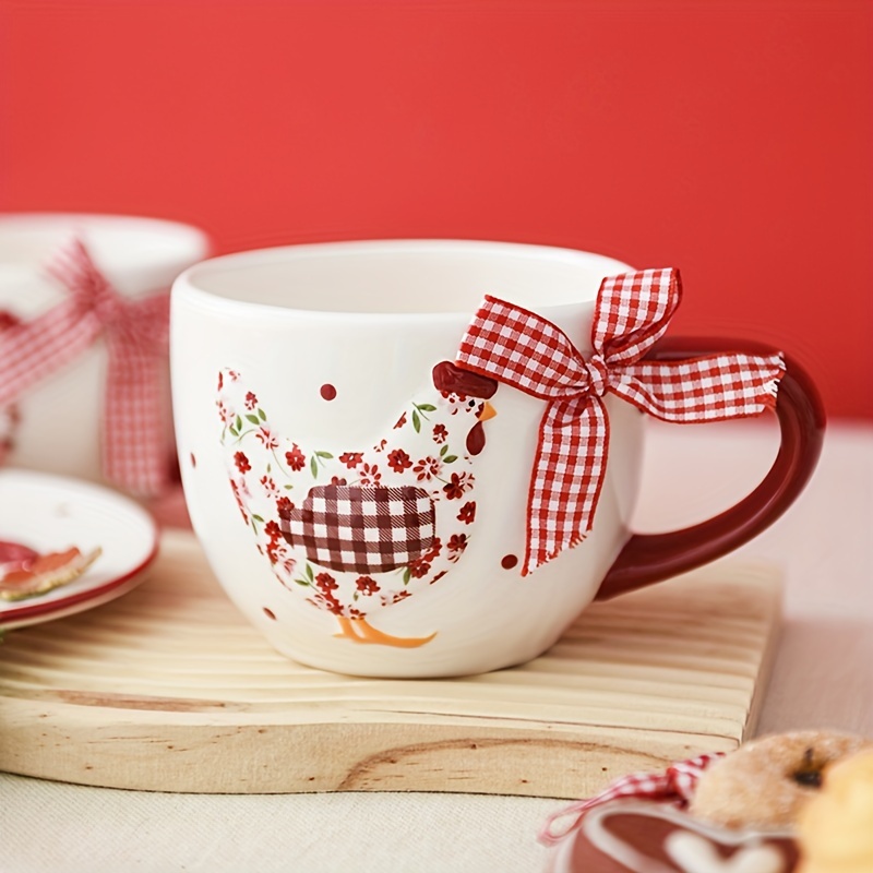 

2pcs Pastoral Style Red Floral Chicken Ceramic Mug Ceramic Cup Milk Breakfast Cup Home Creative Coffee Cup 15oz