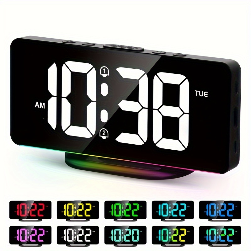 Radio despertador digital colorida, radio reloj pequeño, con  superficie de espejo, alarma doble, repetición, radio FM, temporizador de  sueño, puerto de carga USB, decoración para dormitorio, mesita de noche,  oficina, adulto