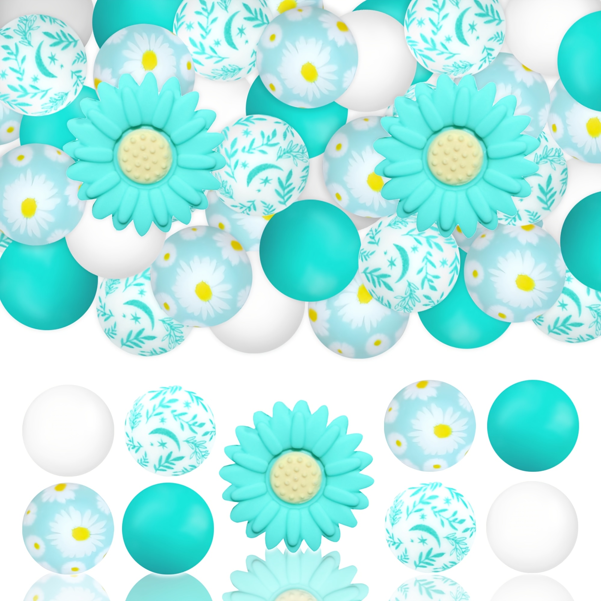 TEMU 27pcs Teal Daisy Silicone Bead Set, Chrysanthemum Shape, Includes 15mm Floral Print Round Beads And Leaf Vine Print Round Beads, Teal And White