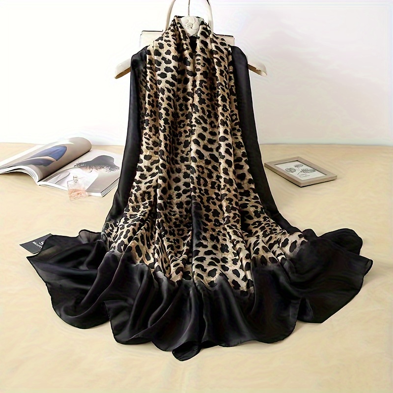 

Black/coffee Color Leopard Print Scarf Simulated Silk Thin Smooth Shawl Elegant Style Sunscreen Wrap For Women