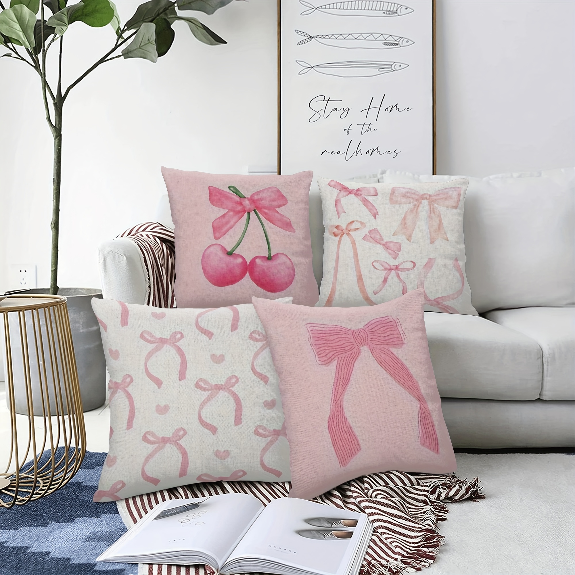 

4pcs Set Modern Pink Bow & Cherry Pattern Pillow Covers - Double-sided, Zippered Cases For Sofa, Bedroom, And Car Decor, 18x18 Inches Pillows For Couch