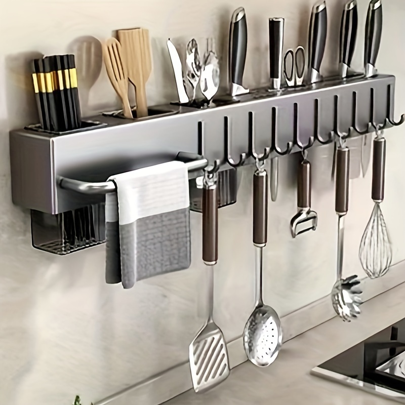 

1pc Premium Carbon Steel Kitchen Utensil Holder - Wall-mounted, No-drill, Multi-functional Rack For Knives, Spoons, Forks, Spatulas, With Towel Bar And Drain Basket, Space-saving, Hygienic Design