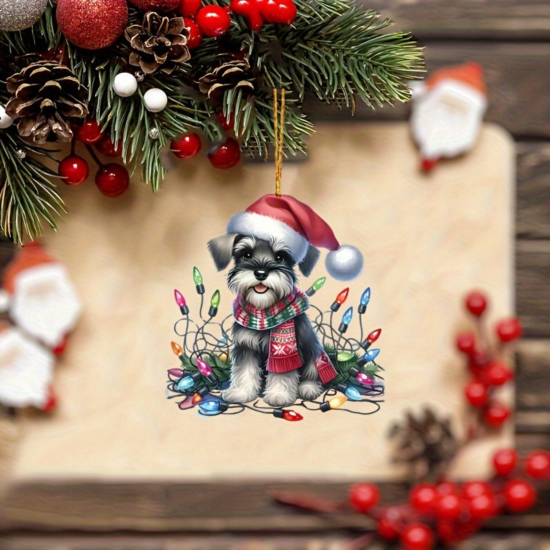 

1pcs Miniature Schnauzer Christmas Hanging Ornament - Acrylic Festive Dog Decor With Santa Hat And Lights For Car, Tree, Backpack